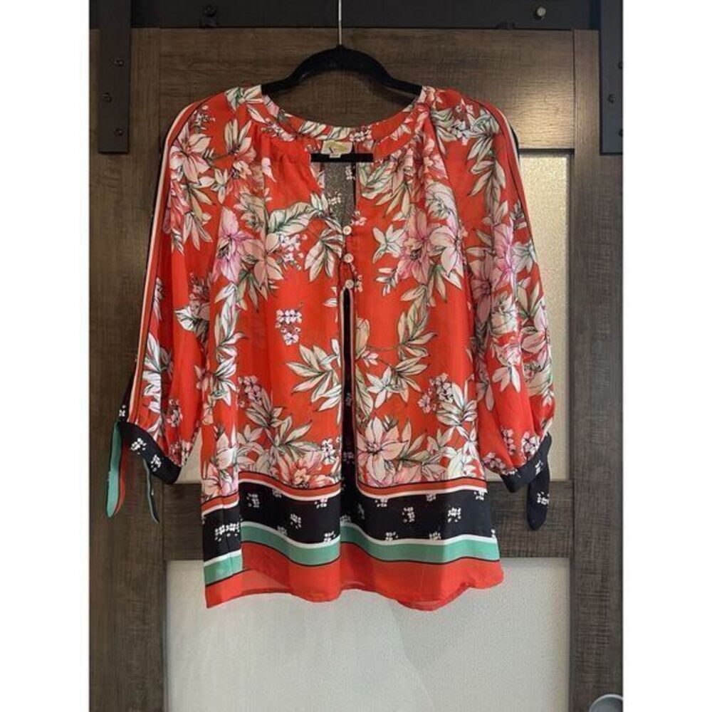 FIG AND FLOWER Red Green Tropical Floral Sheer Boho Asian Top PM‎ Border Tunic